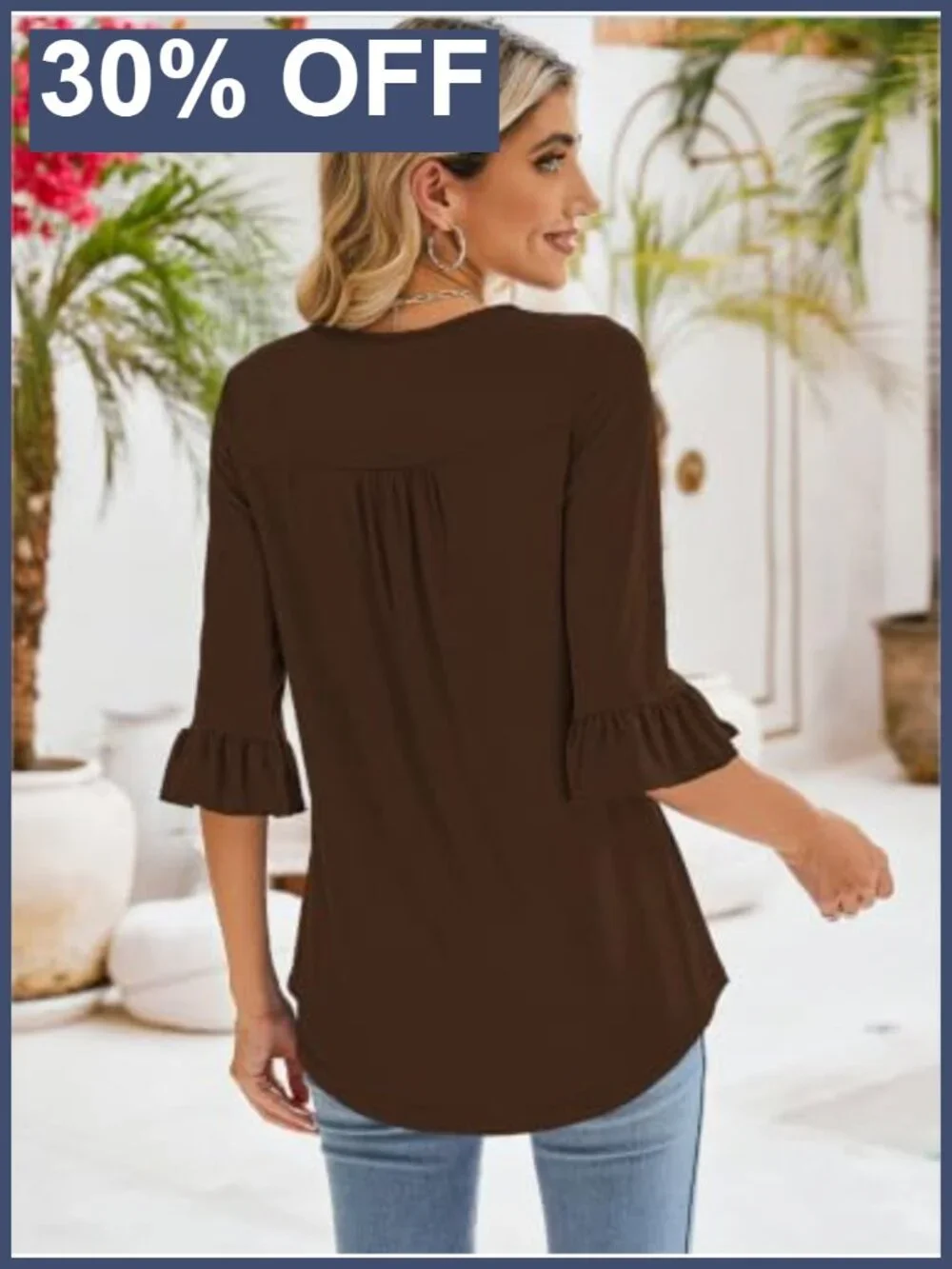 Womens 3/4 Sleeve Square Neck Ruffle Tunic Blouse Loose Fit Casual Top